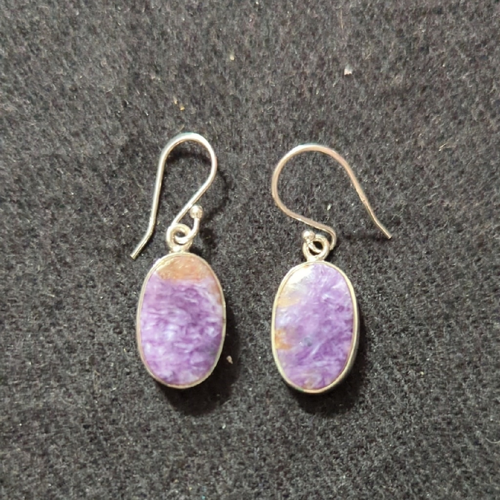 Sterling Silver Purple Charoite Gemstone Oval Dangle Statement Earrings